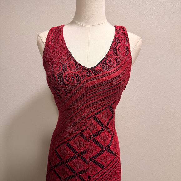 Vintage Harlow Crochet Fringe Flapper V Neck Dress Red Sleeveless Y2K Retro Fall - Picture 4 of 8